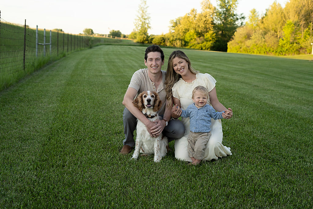 Photo session in the grass with toddler and spaniel.