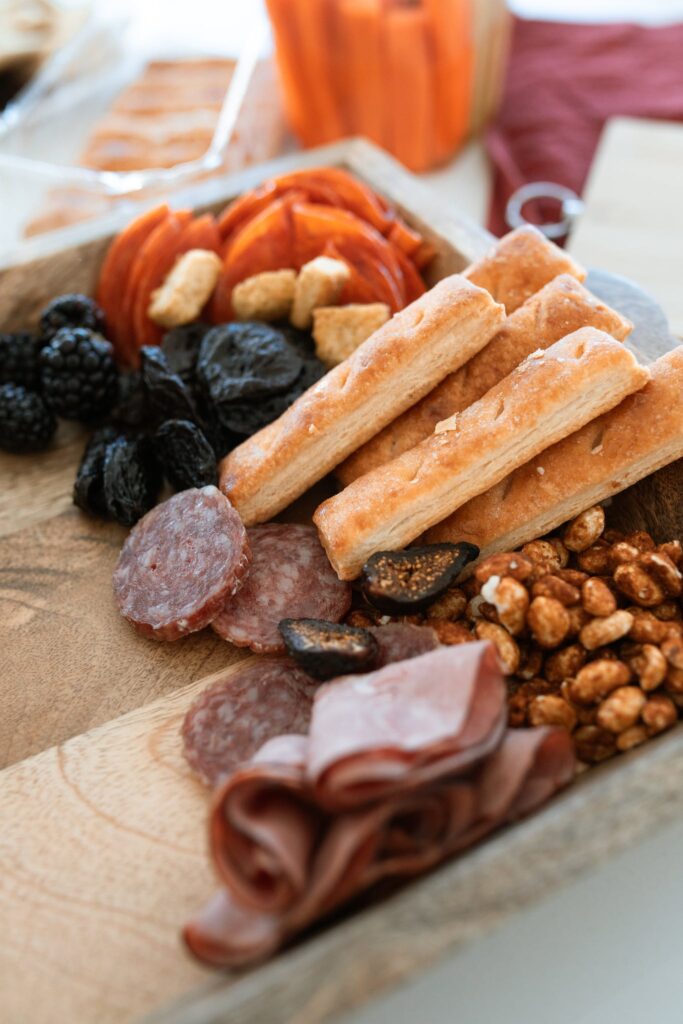 Food on Wooden Tray, charcuterie