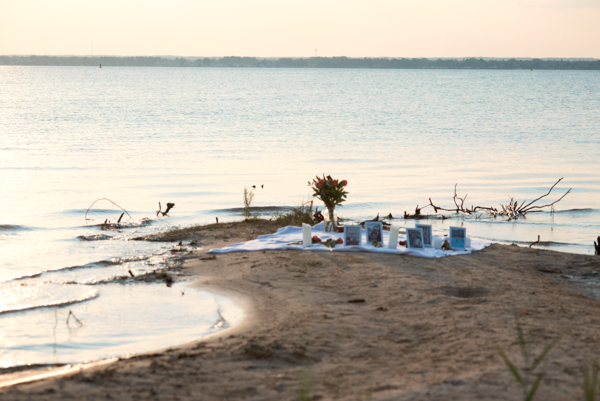 Proposal Blanket laid out on beach with Roses in a vase and framed pictures.