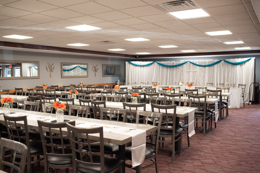 Wedding reception Table settings at the Buck's Hideaway Banquet Hall.
