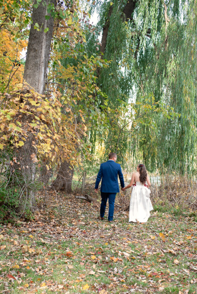Bride and Groom walking away toward a weeping willow tree.